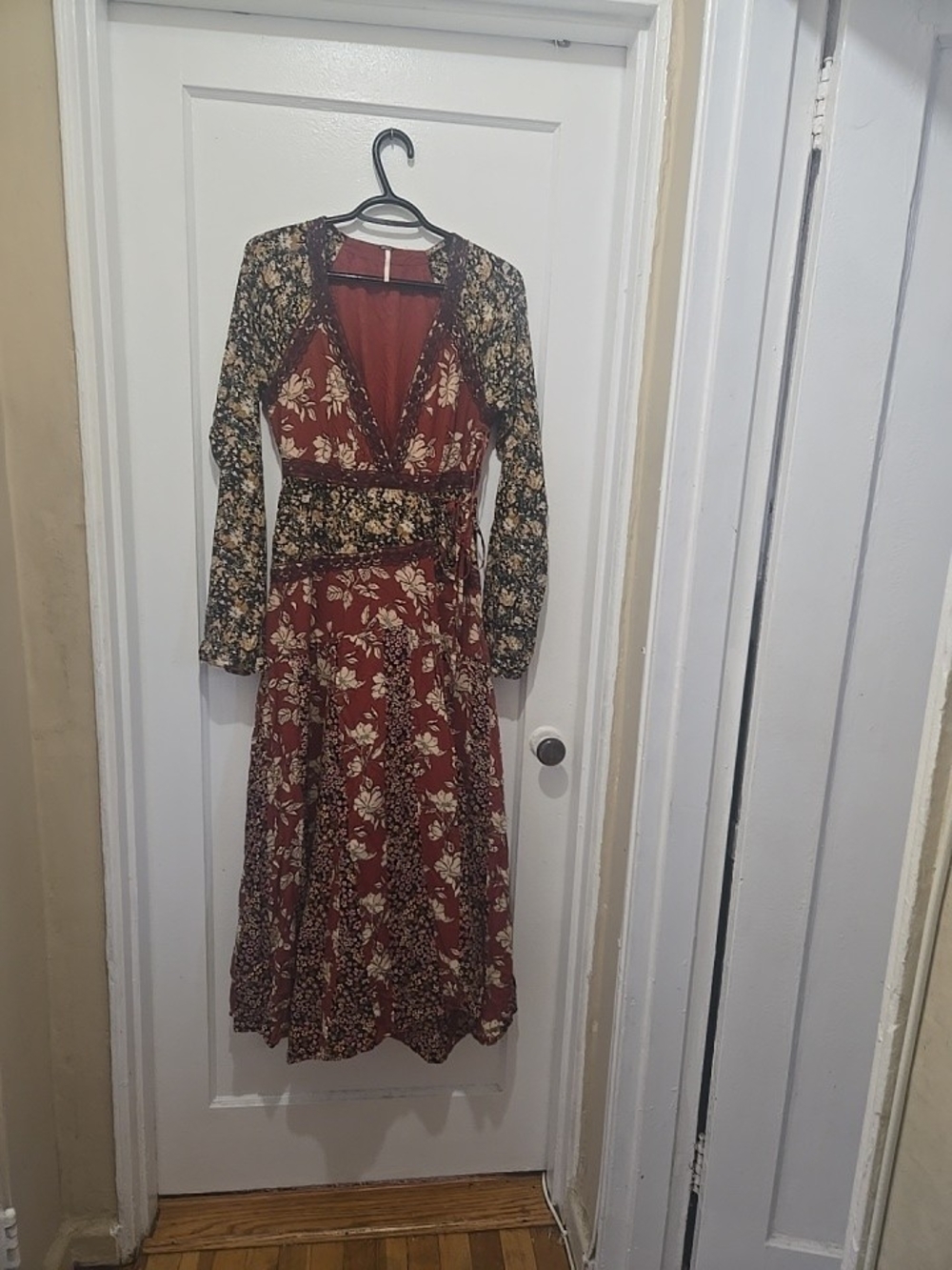 Vintage Free People Burgundy Floral Maxi Dress with Black Trim
